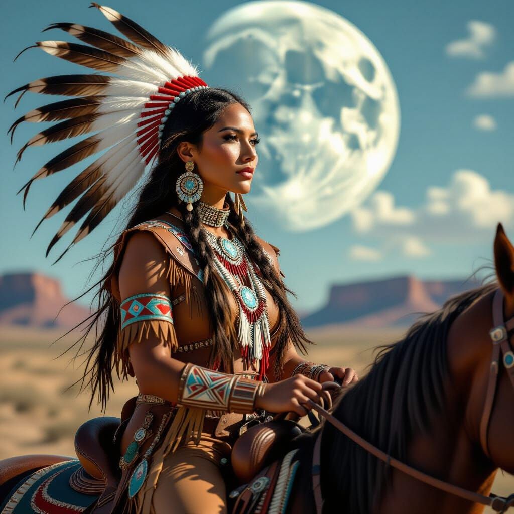 Native American Woman Rides Horse in Surreal Moonscape