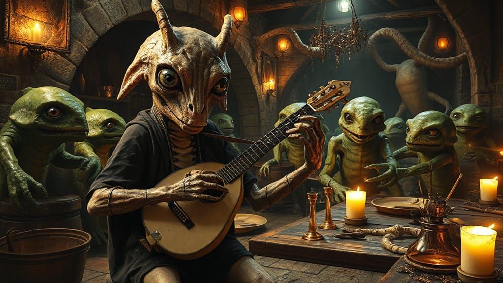 Cryptid Bard in Alien Tavern Digital Painting