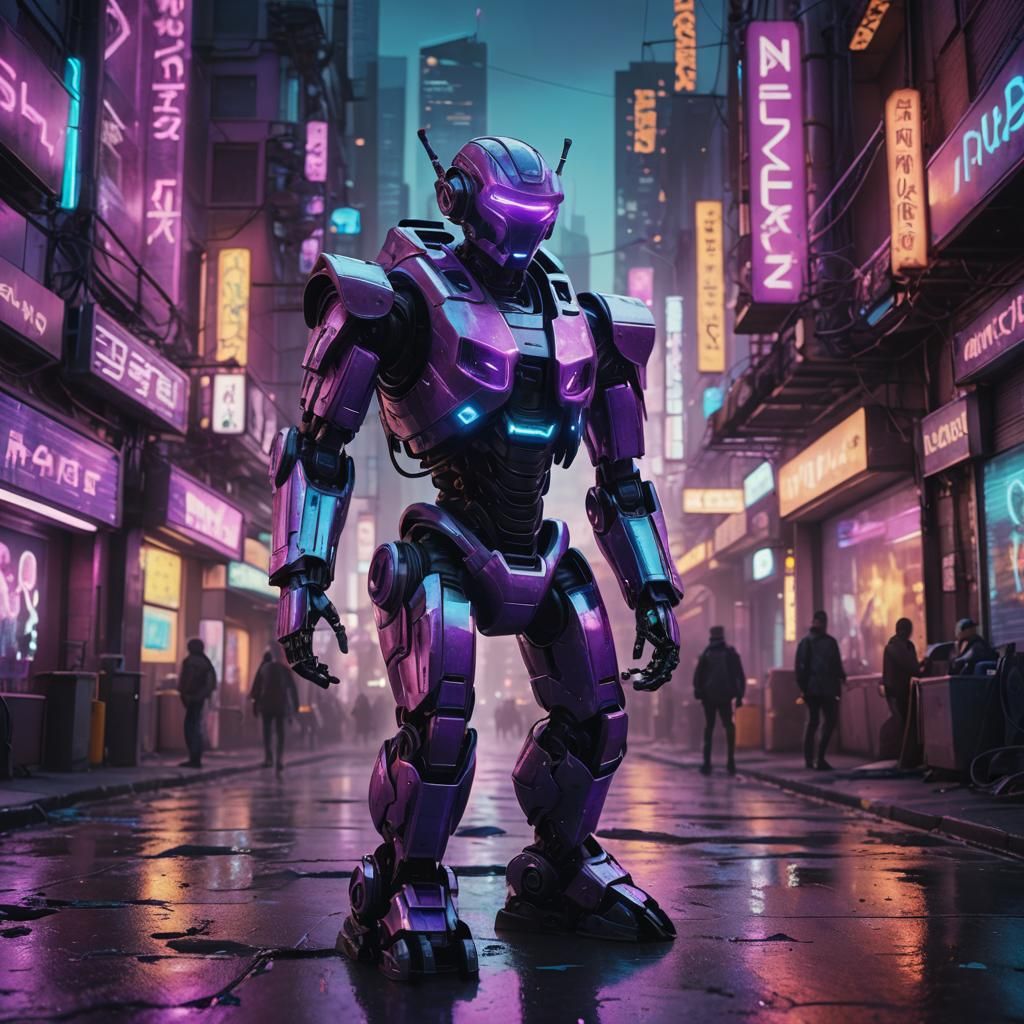 Futuristic Robot R0zzin in Dystopian Cityscape
