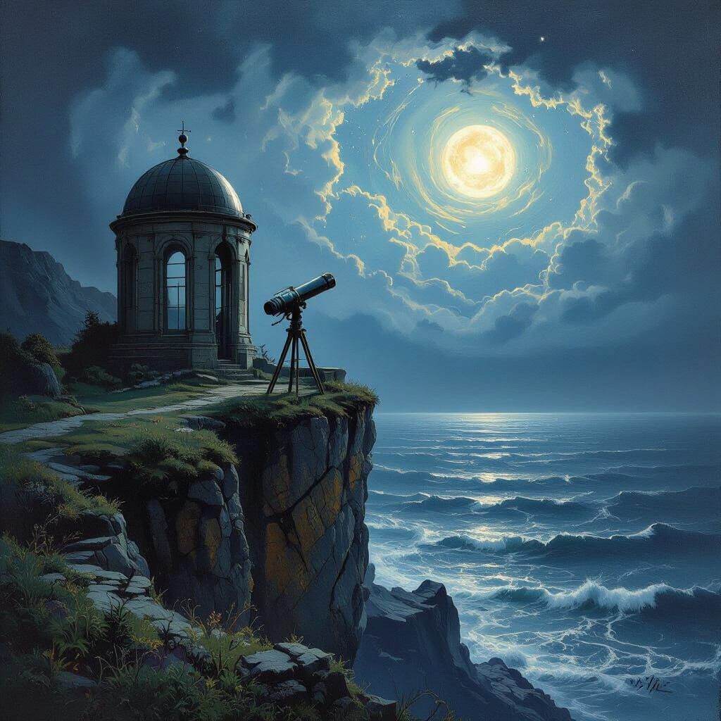 Victorian Observatory on Cliff Edge Overlooking Stormy Sea