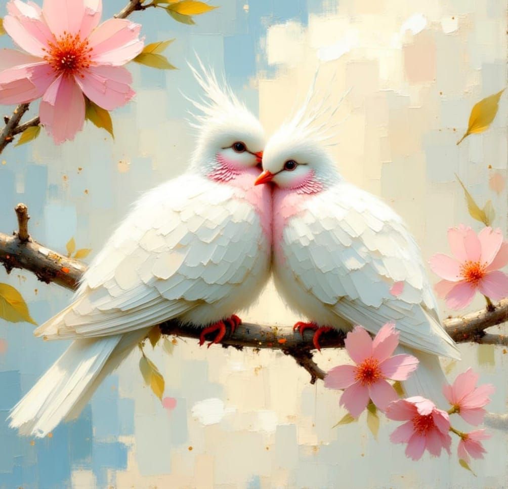 Crested Doves in Watercolour Blossom Garden