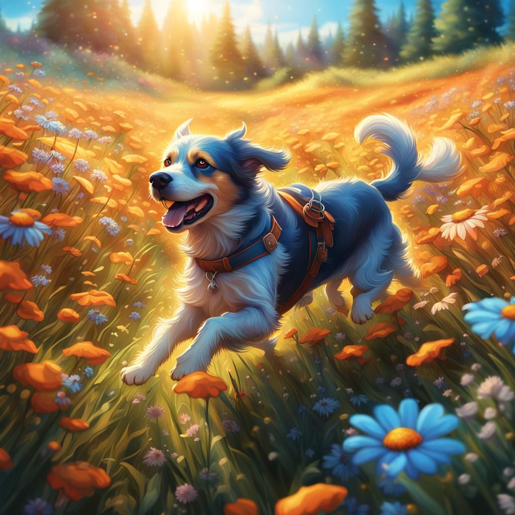Happy Dog Runs Through a Flower Meadow
