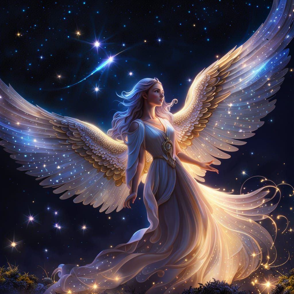 Radiant Angel with Glittering Aura in Starry Sky