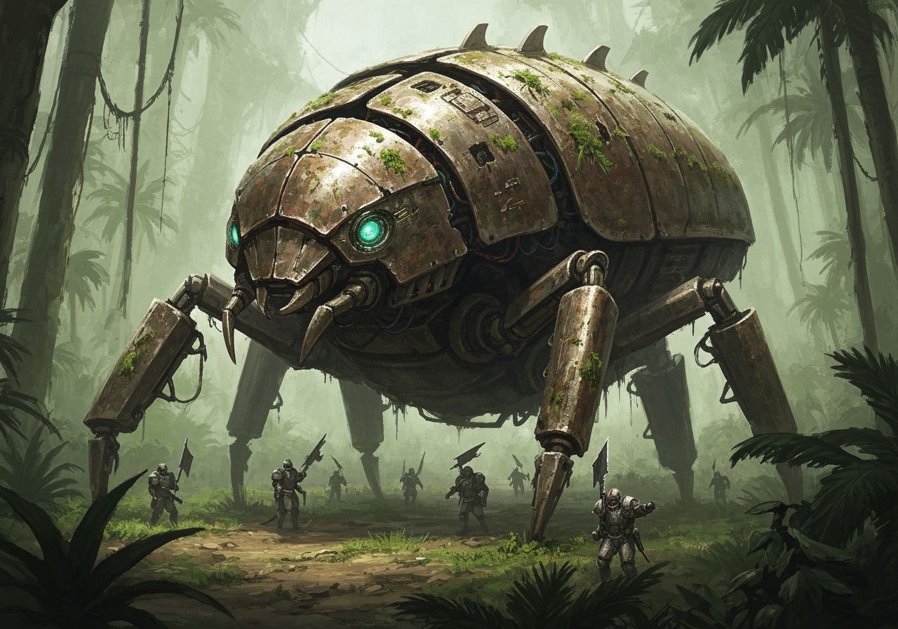 Giant Mechanical Scarab in Jungle with Mercenaries