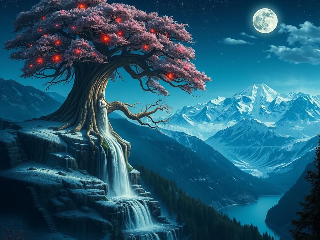 Goddess Tree Waterfall: Mystical Digital Art