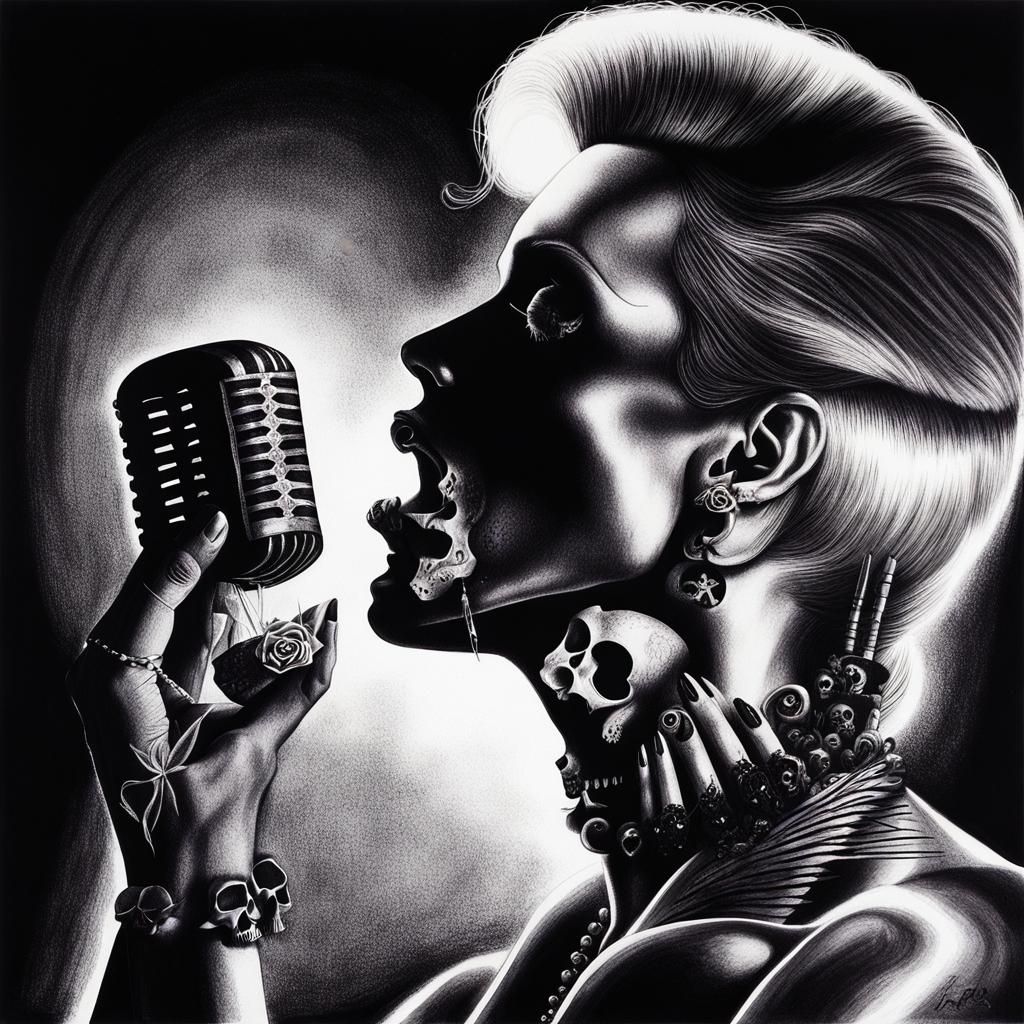 Surreal Crayon Drawing: Goth Woman in Darkness