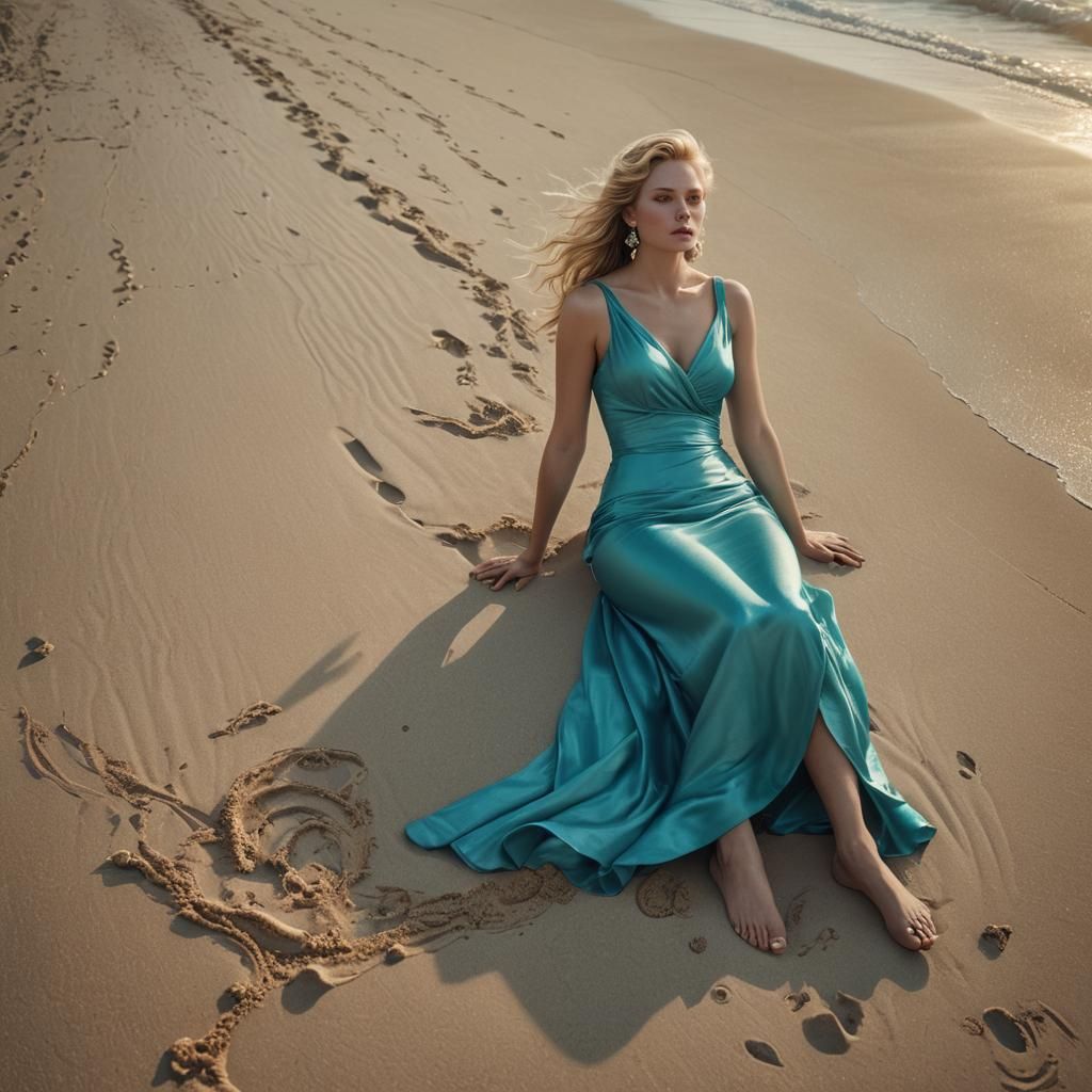 Blonde in Turquoise Gown on Beach: Hyper-Realistic Photograp...
