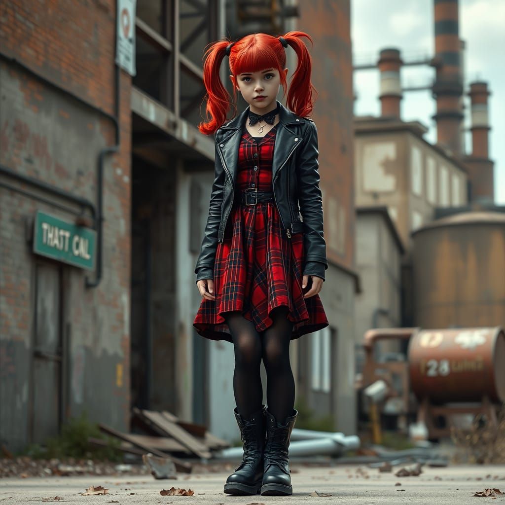Goth Punk Girl in Red Tartan Dress