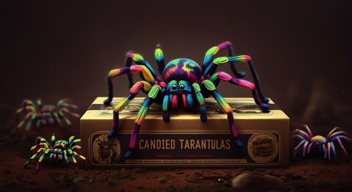 Candied Tarantulas in a Box: Digital Illustration
