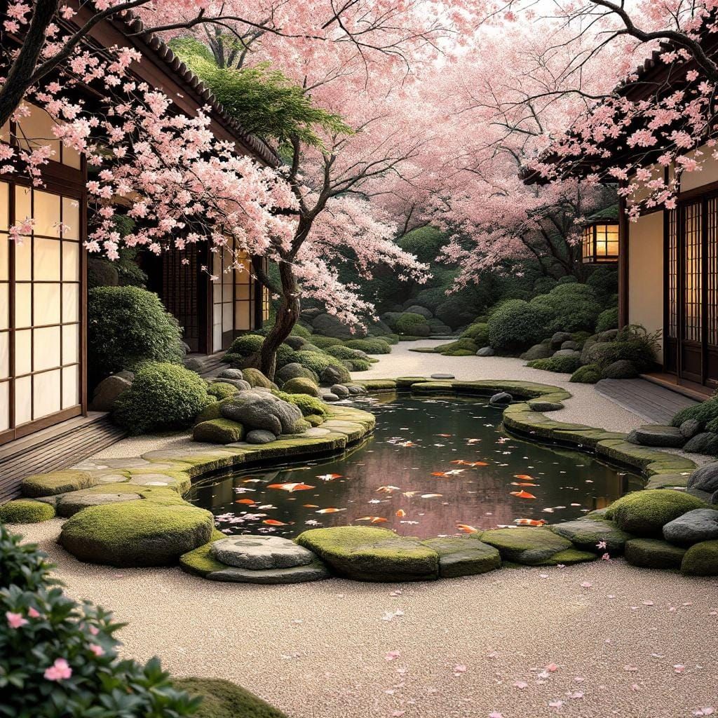 Tranquil Zen Garden with Cherry Blossoms in Japanese Style