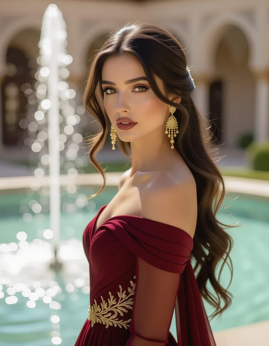 Persian Woman in Elegant Courtyard by Fountain