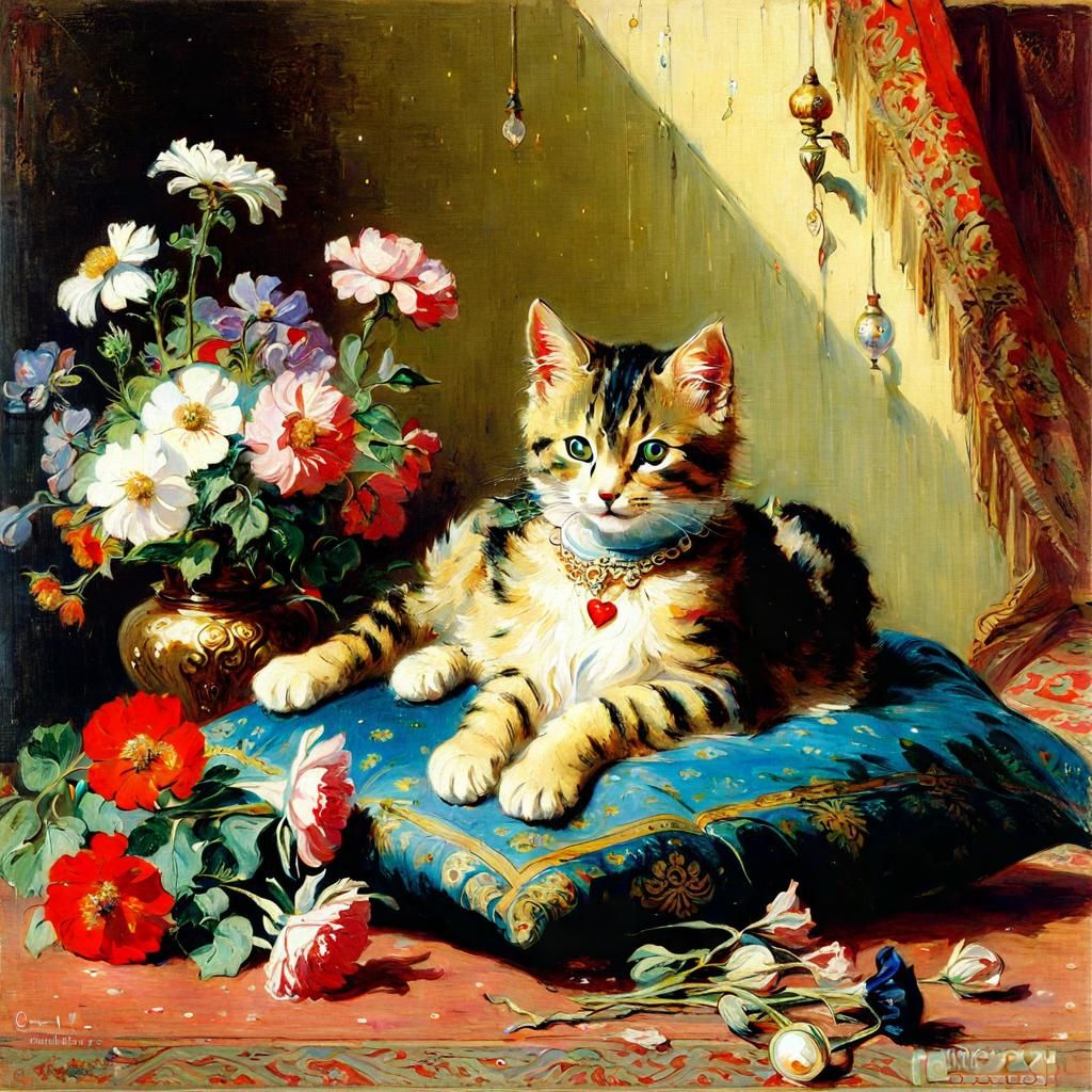 Cute Cat Surrounded by Flowers, Orientalist Style