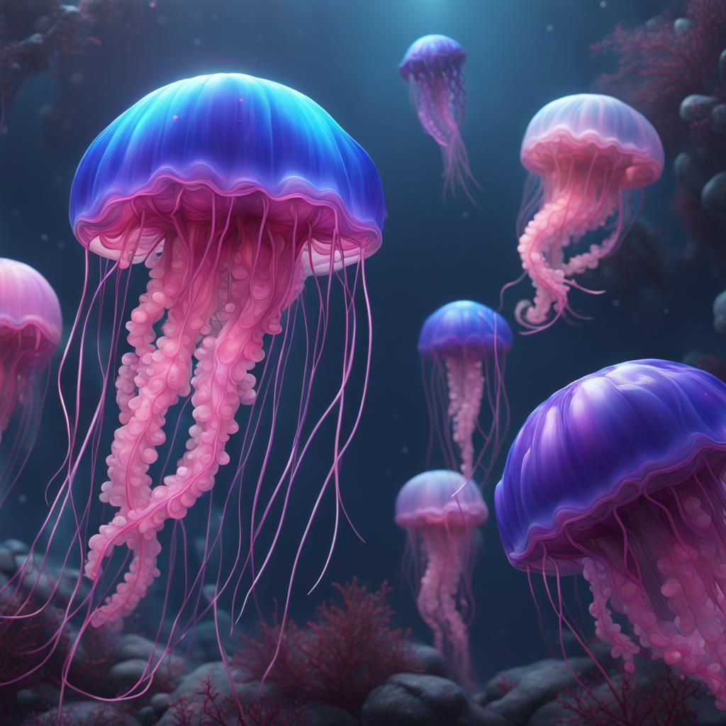 Fantastical Jellyfish in Blue, Pink, and Purple