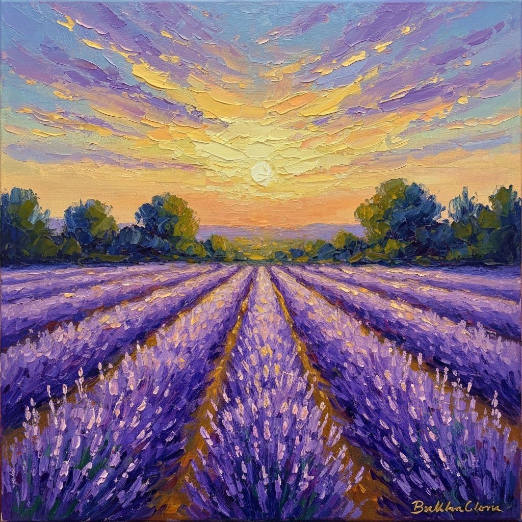 Impressionist Sunset Over Lavender Field in Monet Style