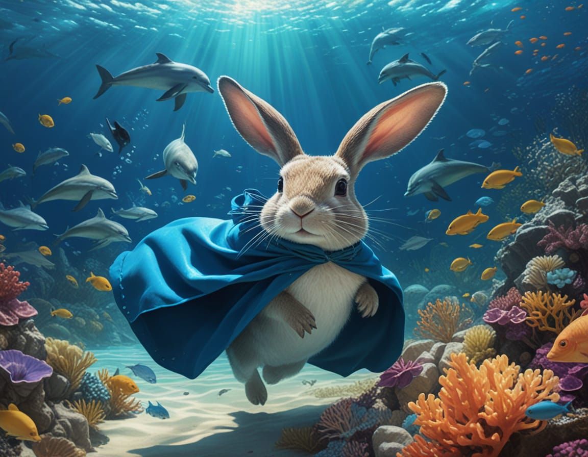 Whimsical Rabbit Dives with Dolphins in Tropical Paradise