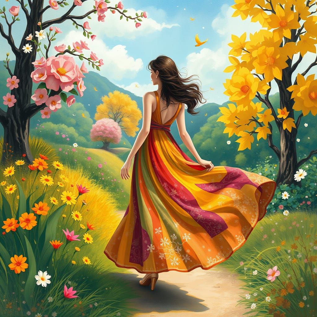Woman in Whimsical Four Seasons Landscape
