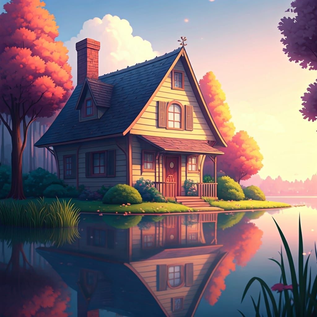 Powerpuff Girls House by Lake in Pastel Colors
