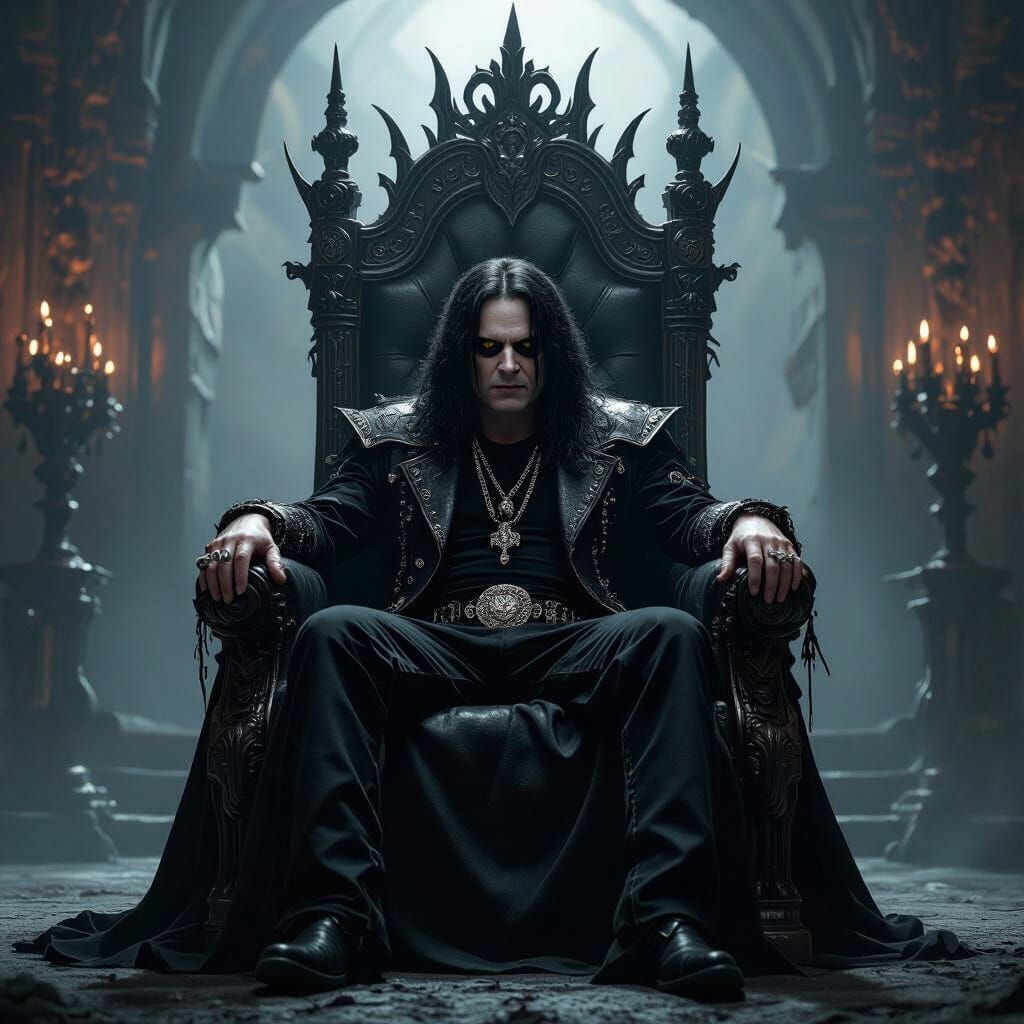 Ozzy on Gothic Throne in Dark Fantasy Style