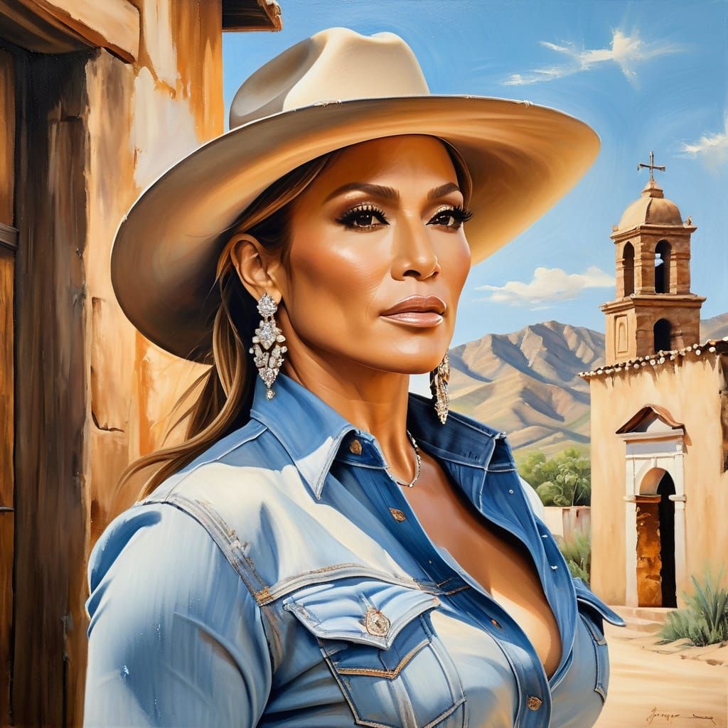 Stunning Woman in Cowboy Hat in Impressionist Oil Portrait