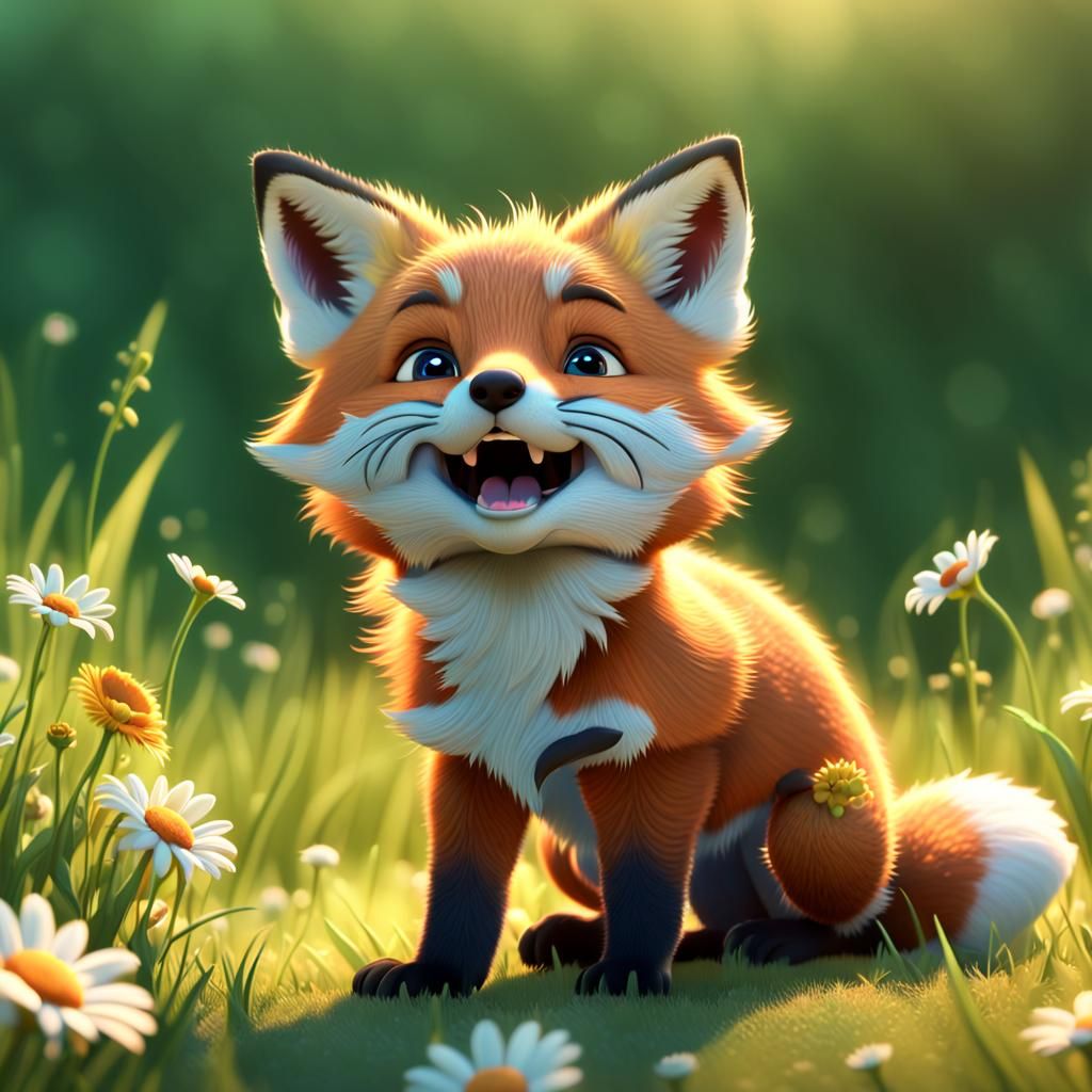 Cute Fox Cub Sneezing in Summer Meadow