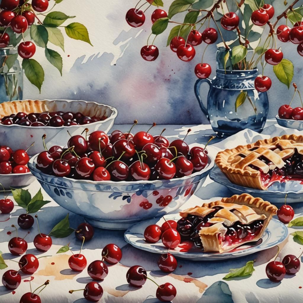 Magical Watercolor Still Life of Cherries and Pie