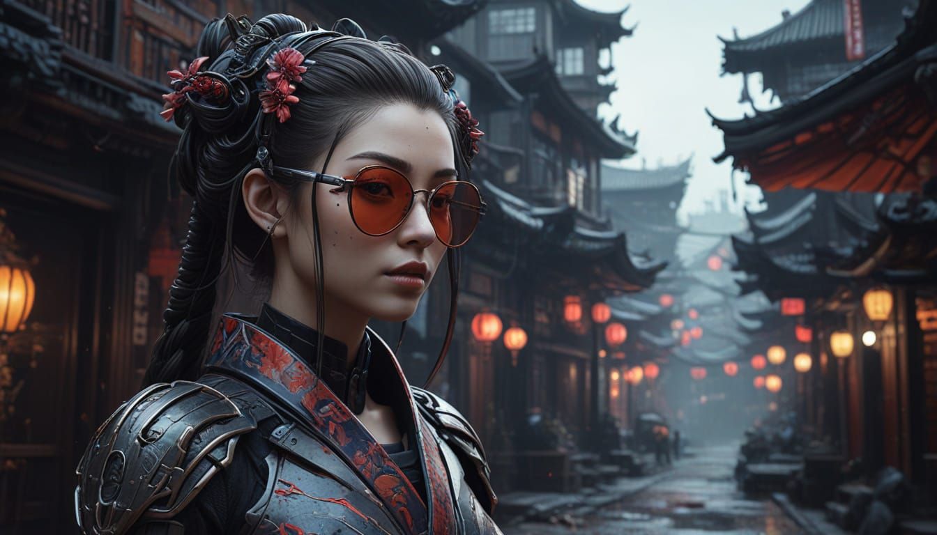 Cyborg Geisha in Dark, Biomechanical Landscape