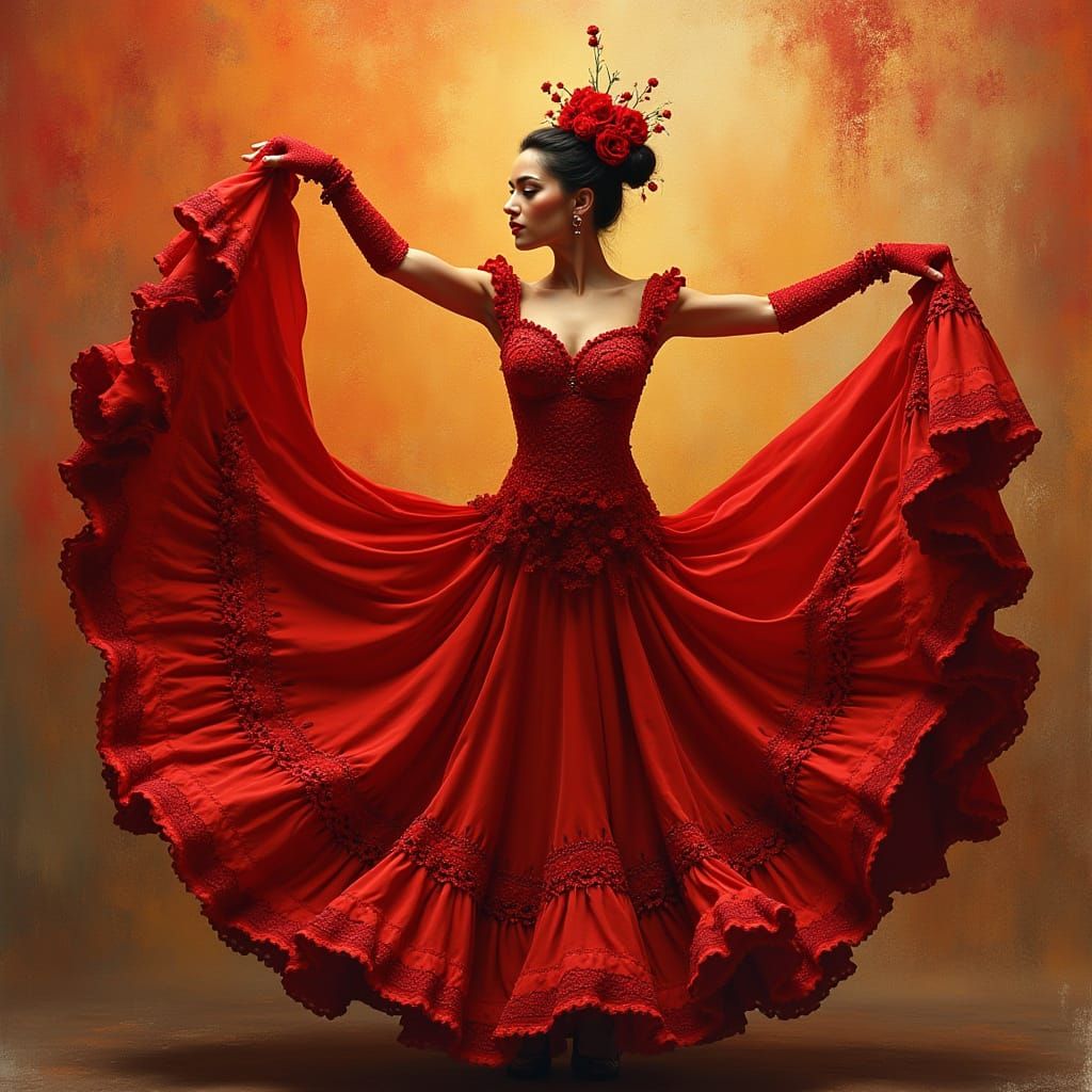 Flamenco Dancer in Red Dress, Surreal Expressionist Style