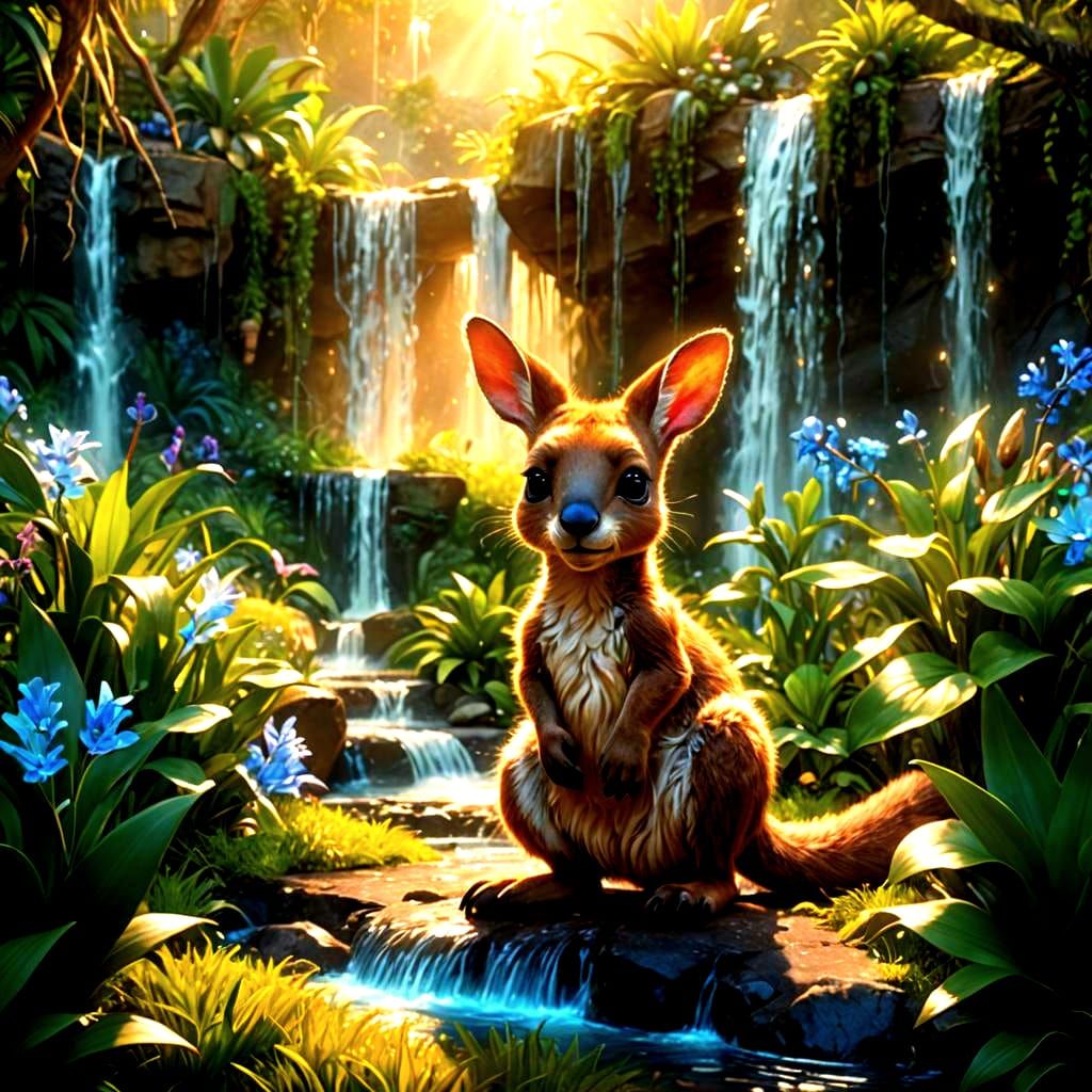 Chibi Kangaroo near Bioluminescent Waterfall