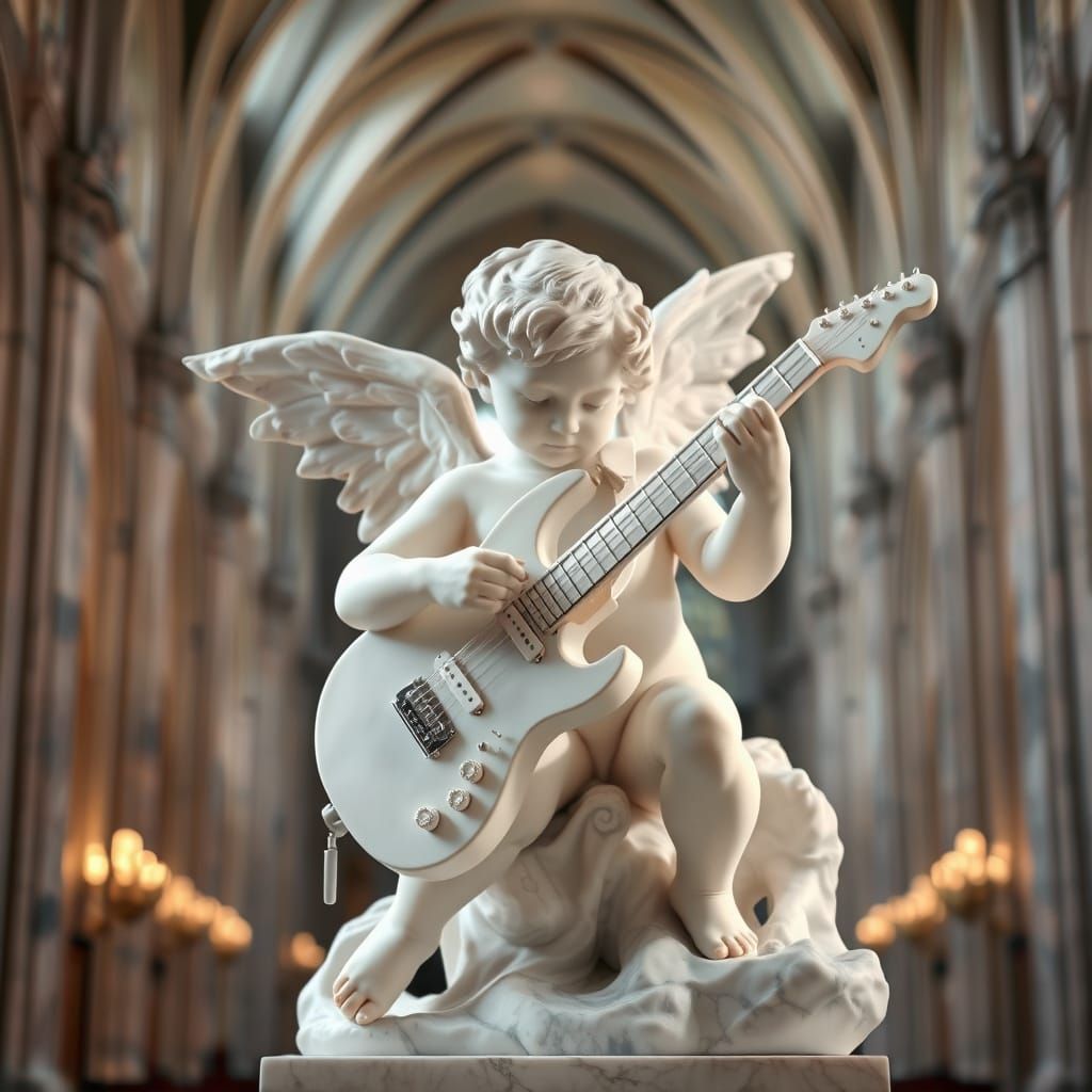 Guitar-Playing Cupid in Exquisite White Marble Sculpture