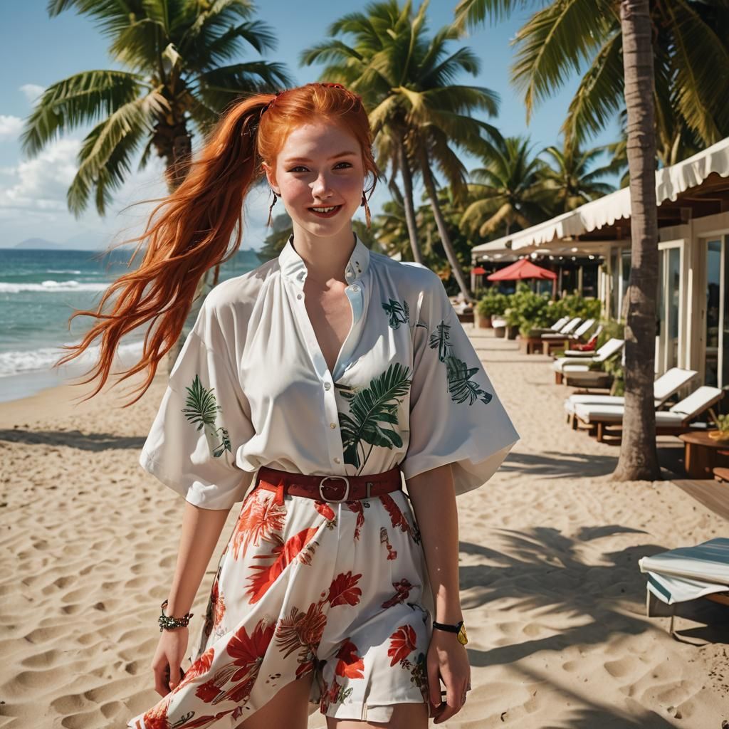 Radiant Redhead on Tropical Beach: Watercolor Art