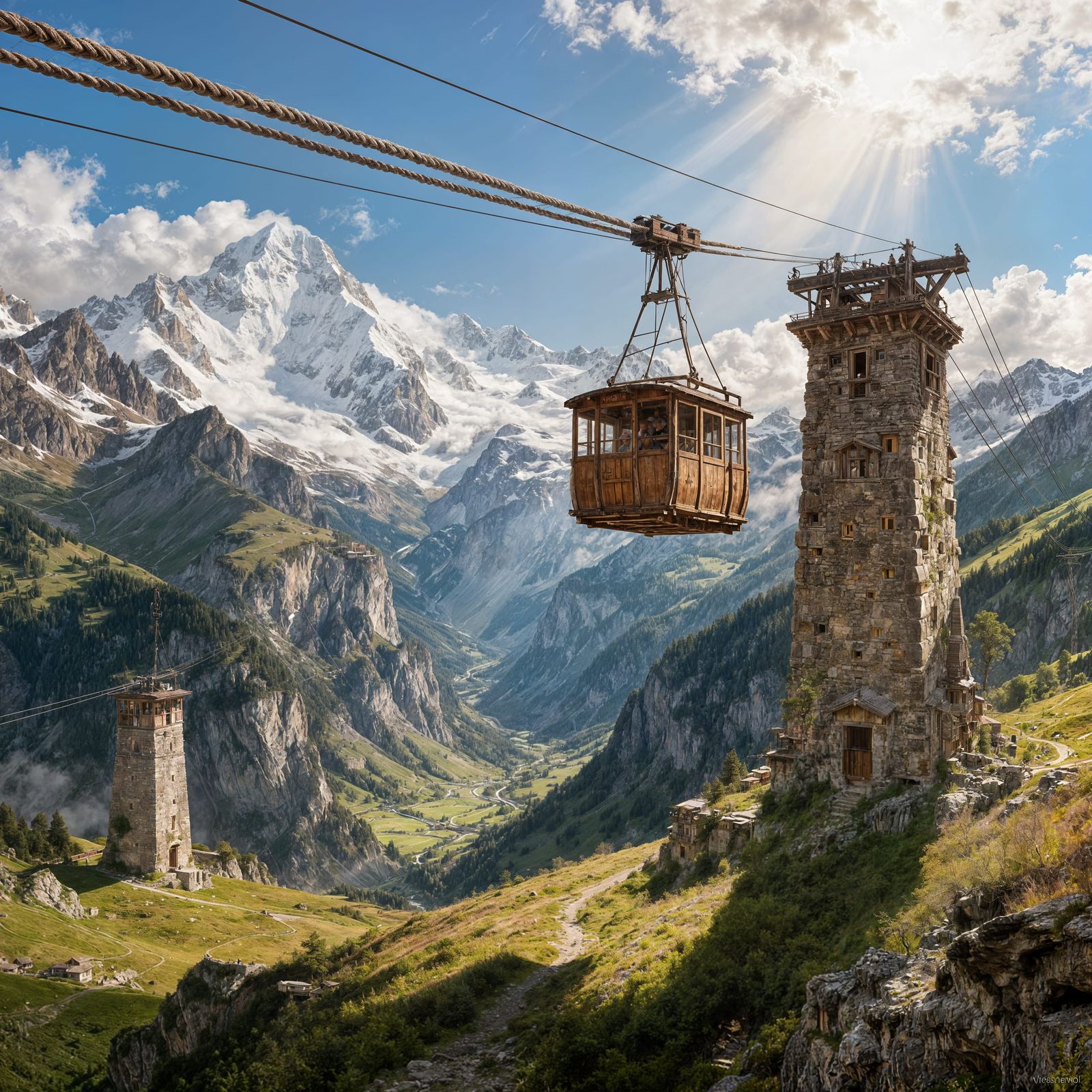 Ancient Swiss Alps Cable Car Crossing Snowy Peaks