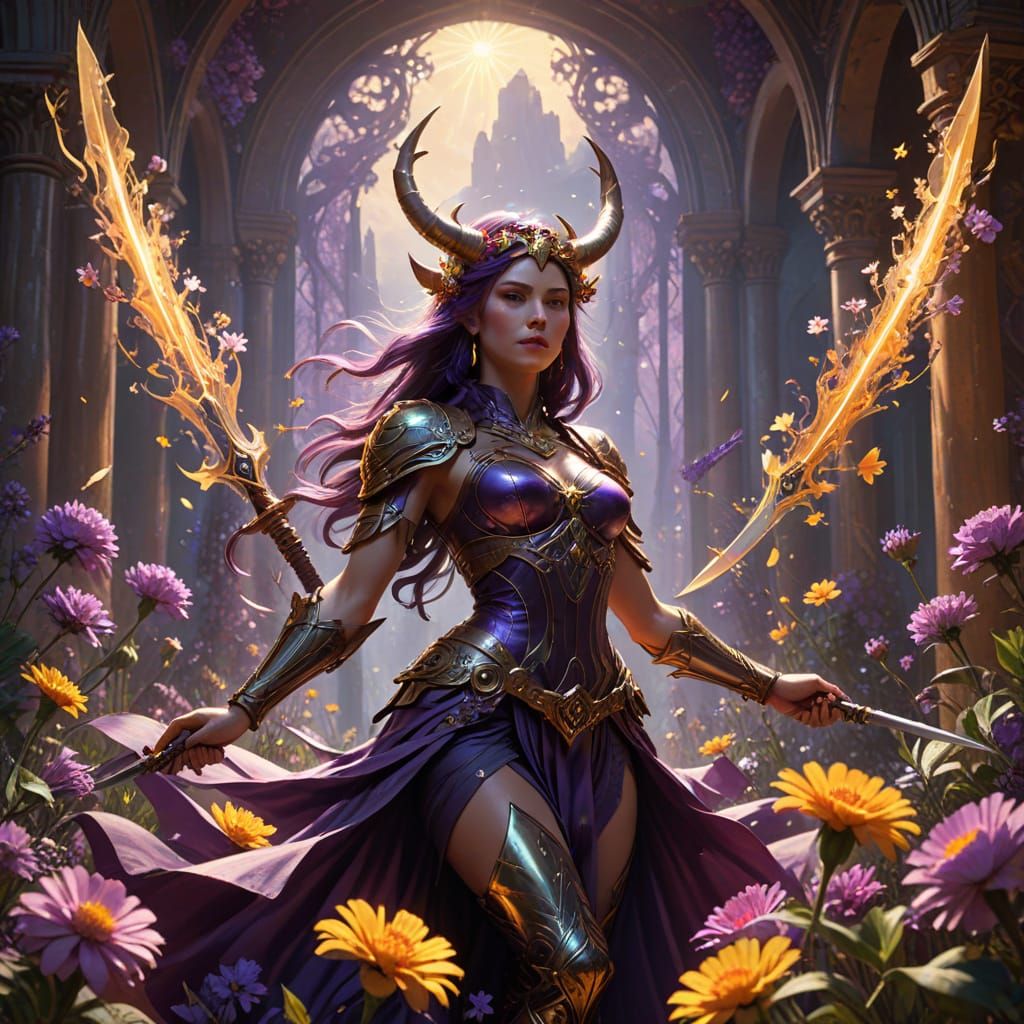 Surreal Fantasy Goddess Dances Amidst Vibrant Flowers in a H...