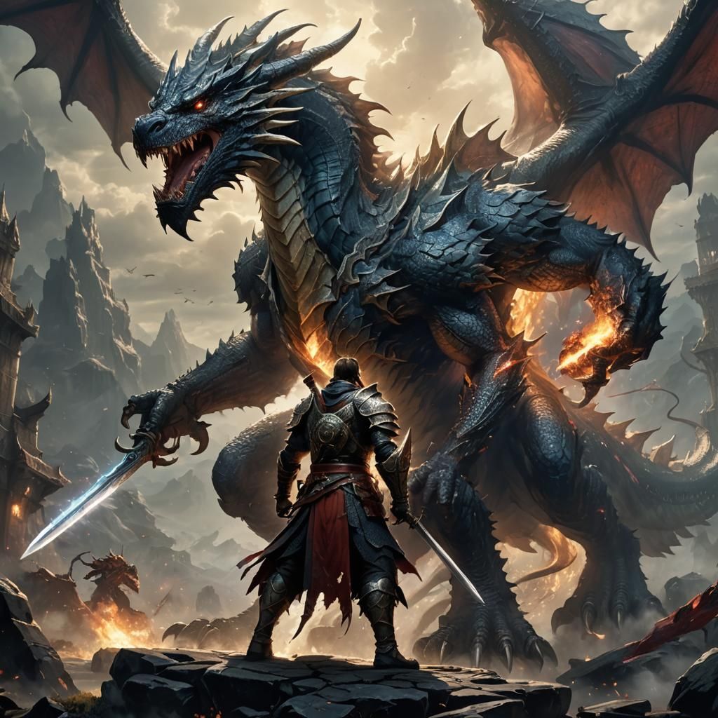 Brave Warrior Confronts Dragon with Sword of Light