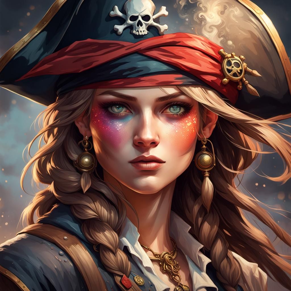 Beautiful Woman Pirate Portrait in Hyperdetailed Digital Art