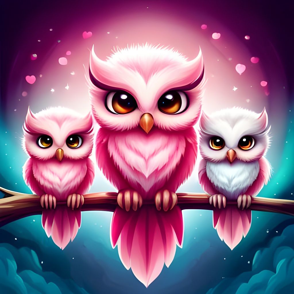 Pink Baby Owls in Sakura, Digital Oil Painting