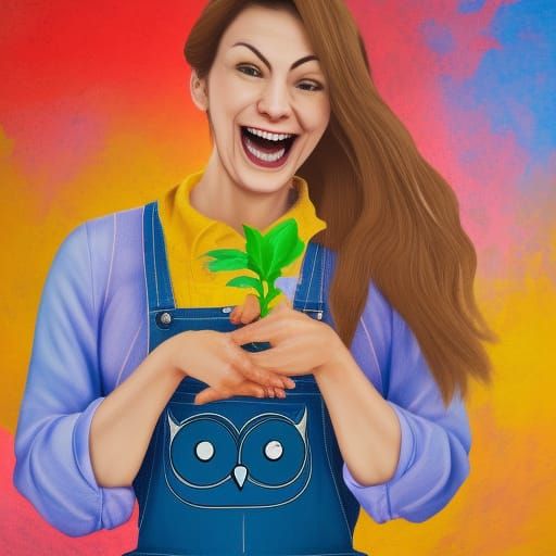 Woman Waters Owls in a Colorful Garden