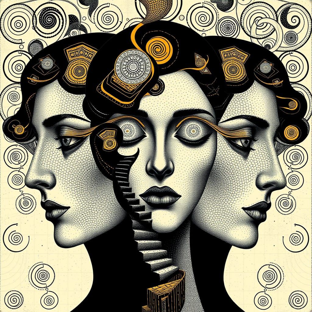 Escher-Inspired Portrait with Intricate Patterns and Golden ...