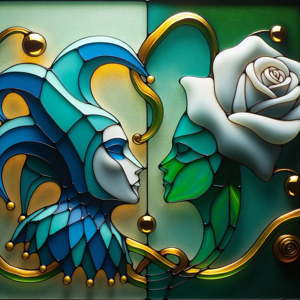 Abstract Jester and Rose Art in Turquoise and Gold