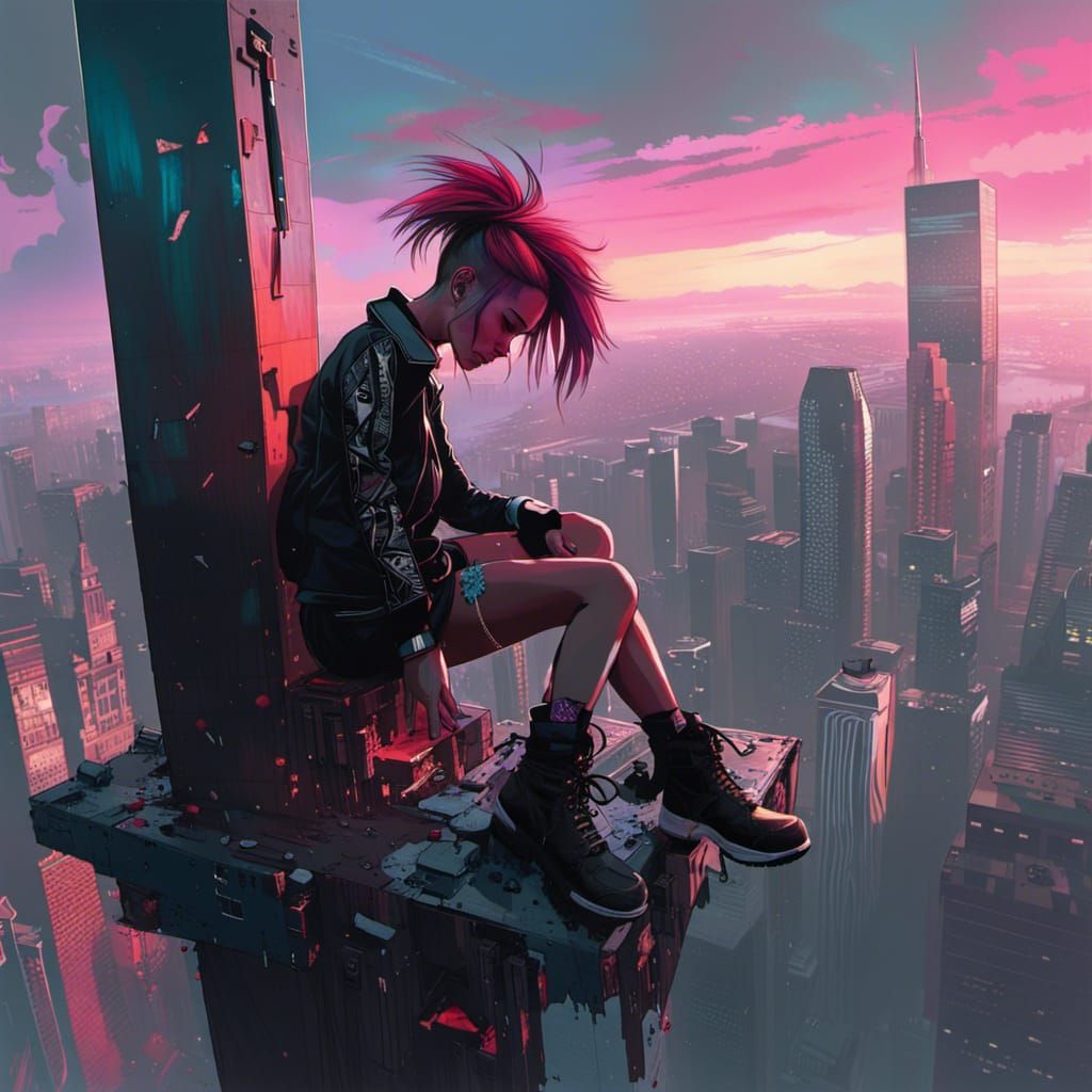 Punk Girls on Skyscraper Edge: Digital Art