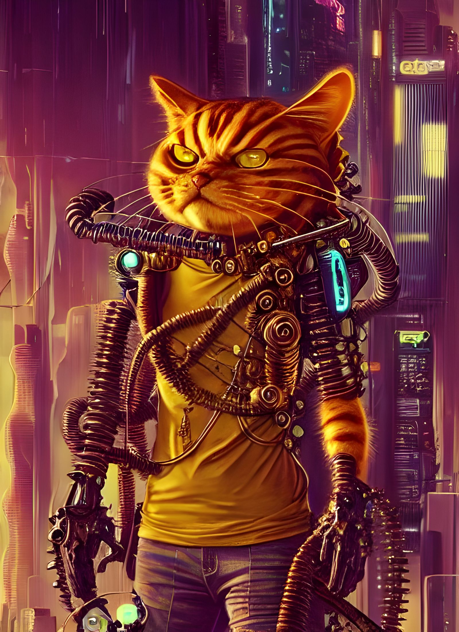 Futuristic Biomechanical Garfield in Cyberpunk Style
