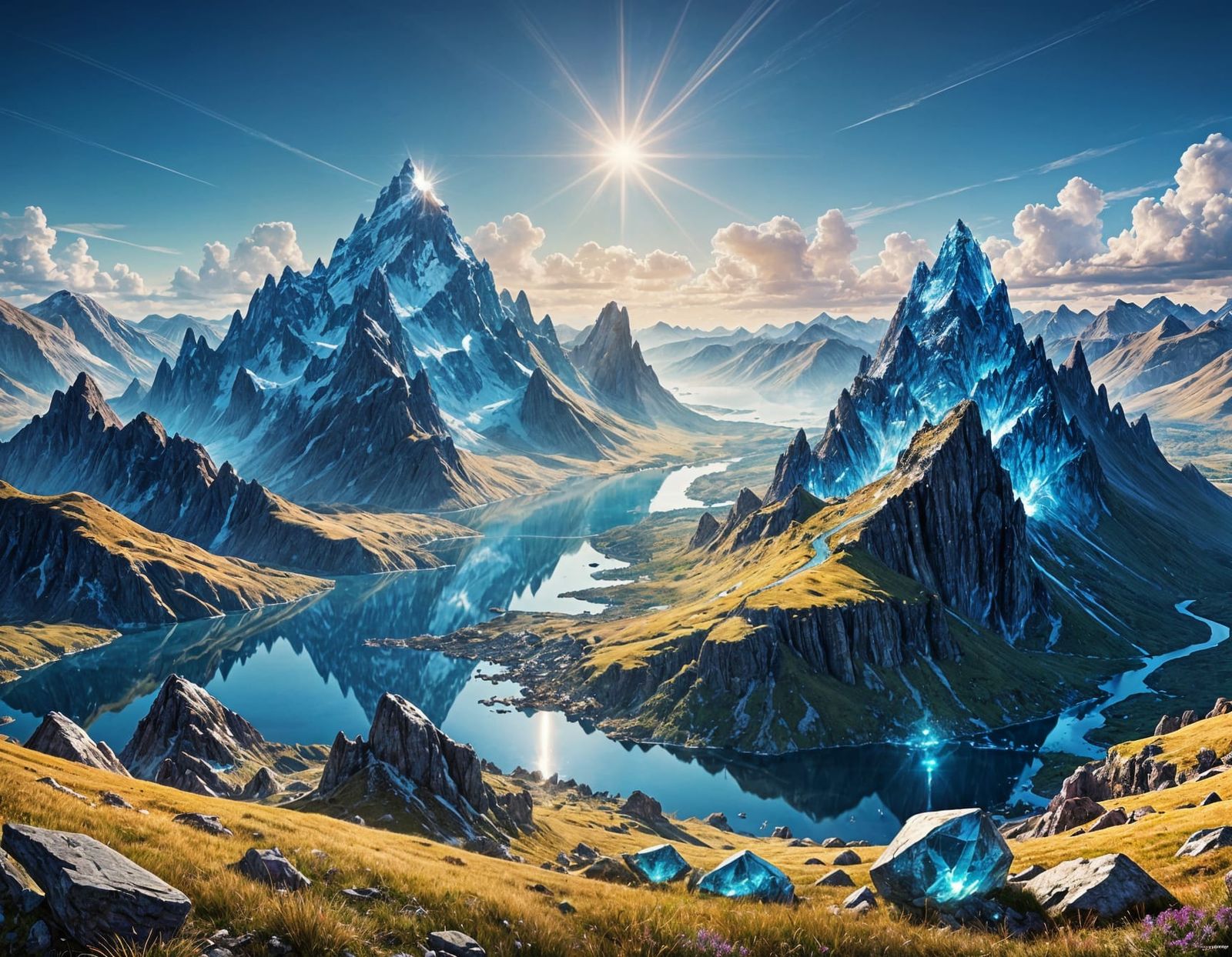 Crystal Mountains in Vibrant High-Fantasy Landscape