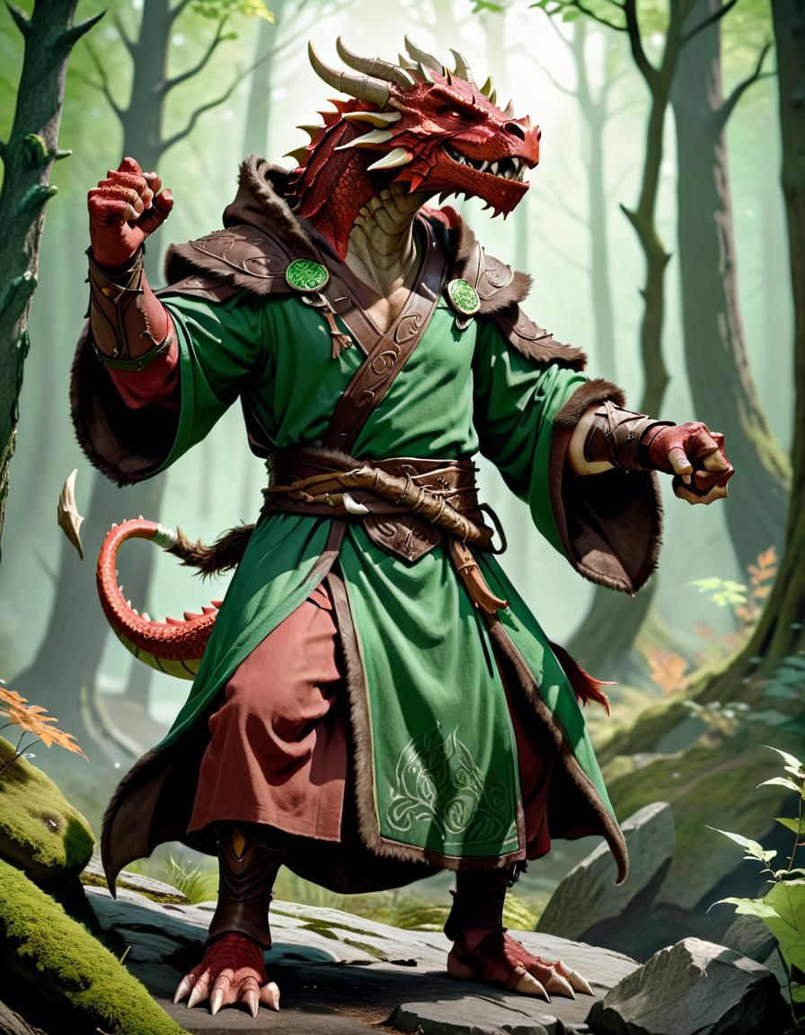 Heroic Dragonborn Druid in Forest, Digital Art