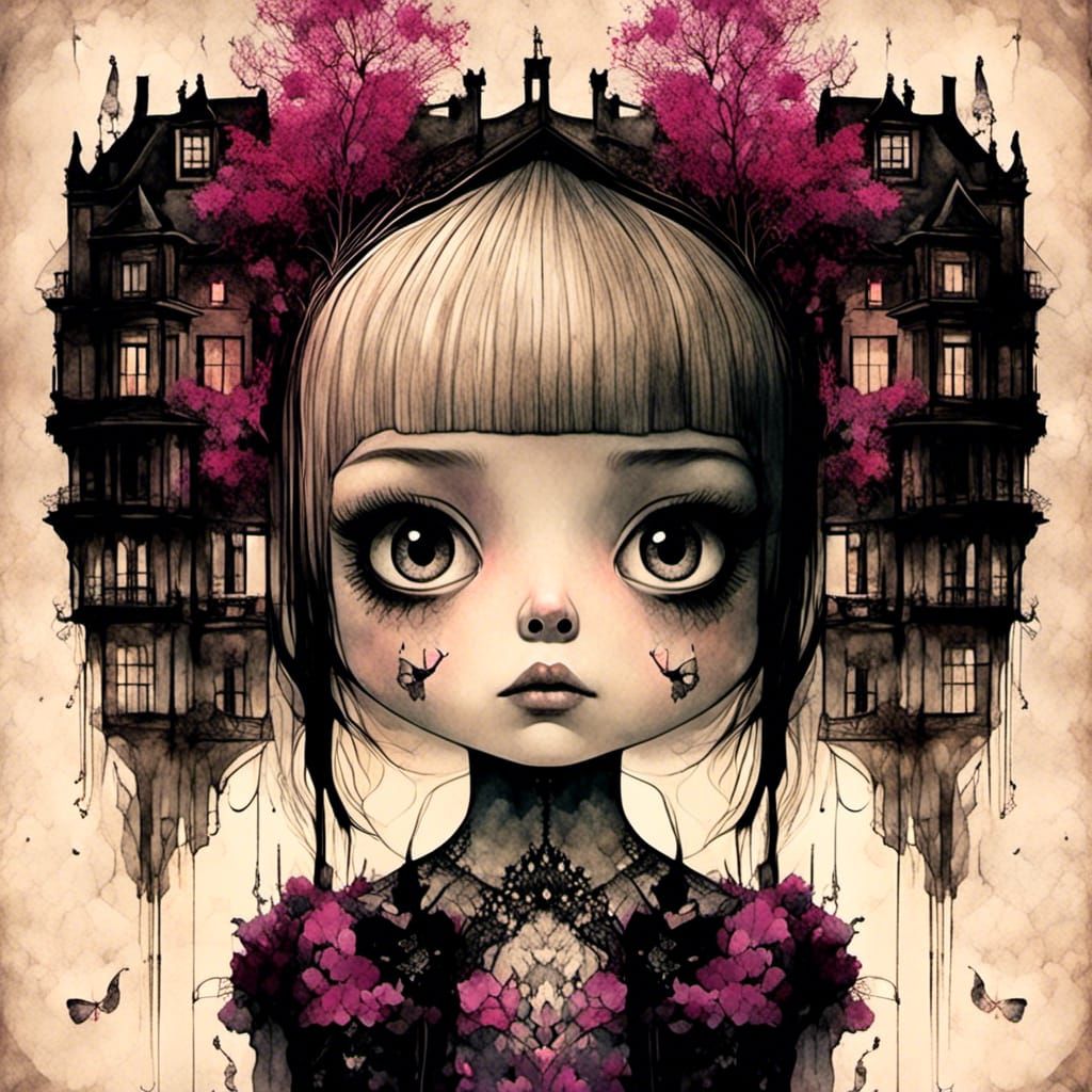 <lora:Liquid Ink:1.0> double exposure, layered art, a gothic mansion and a punk girl, dynamic lighting