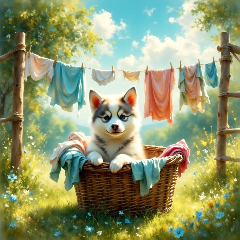 Whimsical Husky Pup in Laundry Scene with Fantasy Landscape