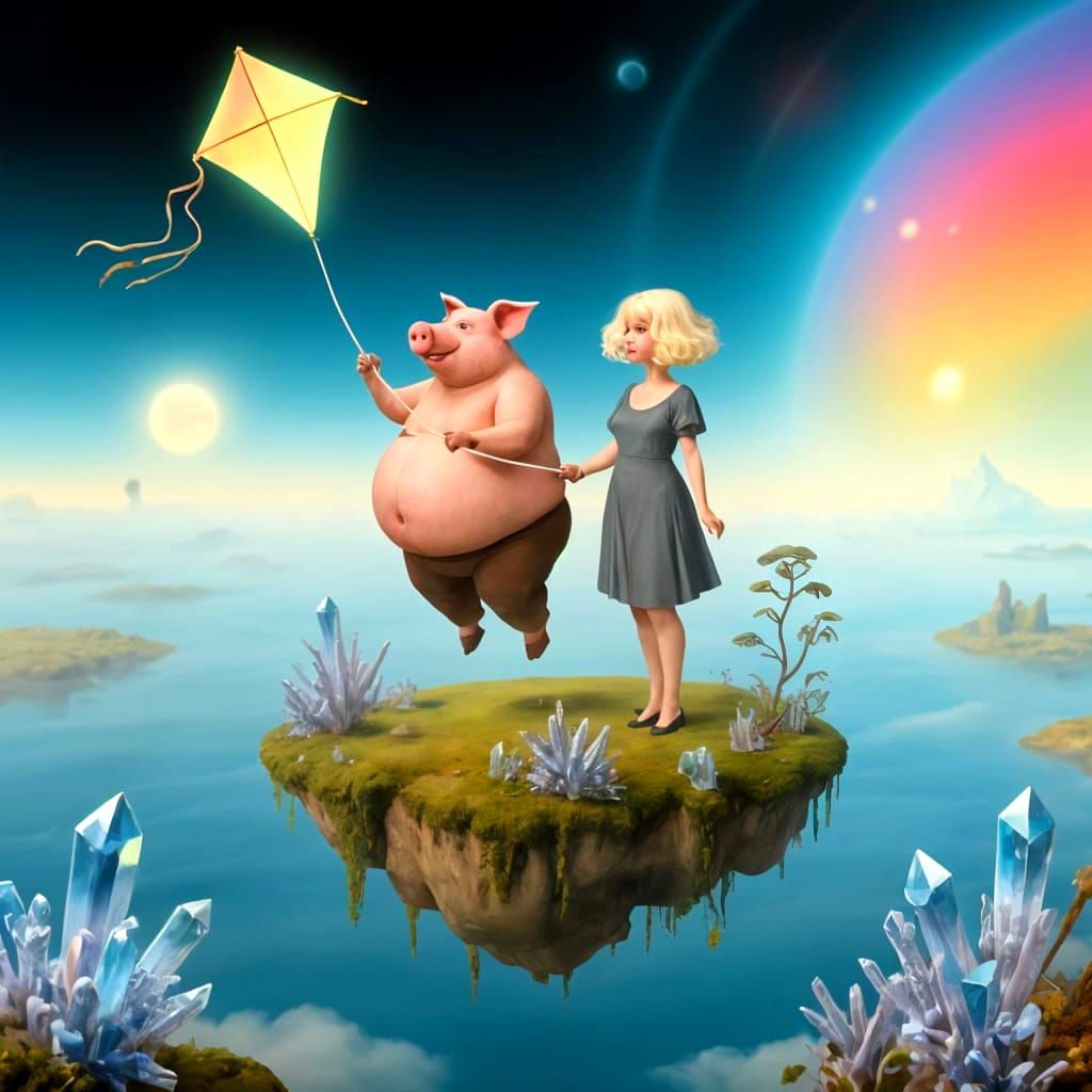 Pig Man and Lady on Floating Island with Crystalline Flora