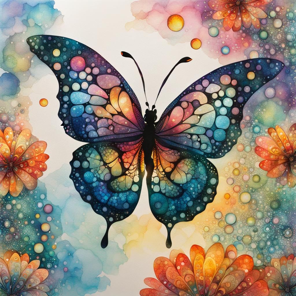 Iridescent Butterfly with Bubbles and Zentangle Details