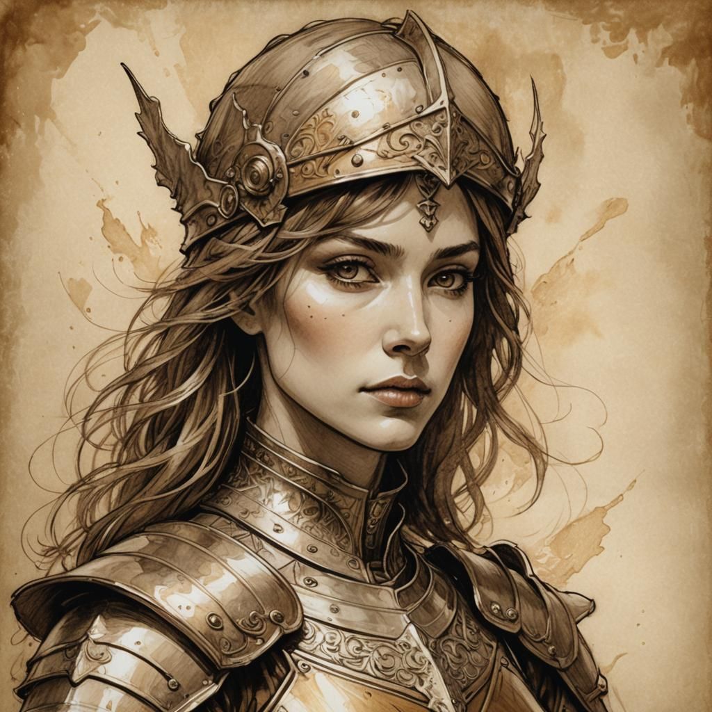 Sepia Portrait of a Female Paladin in Sketch Style