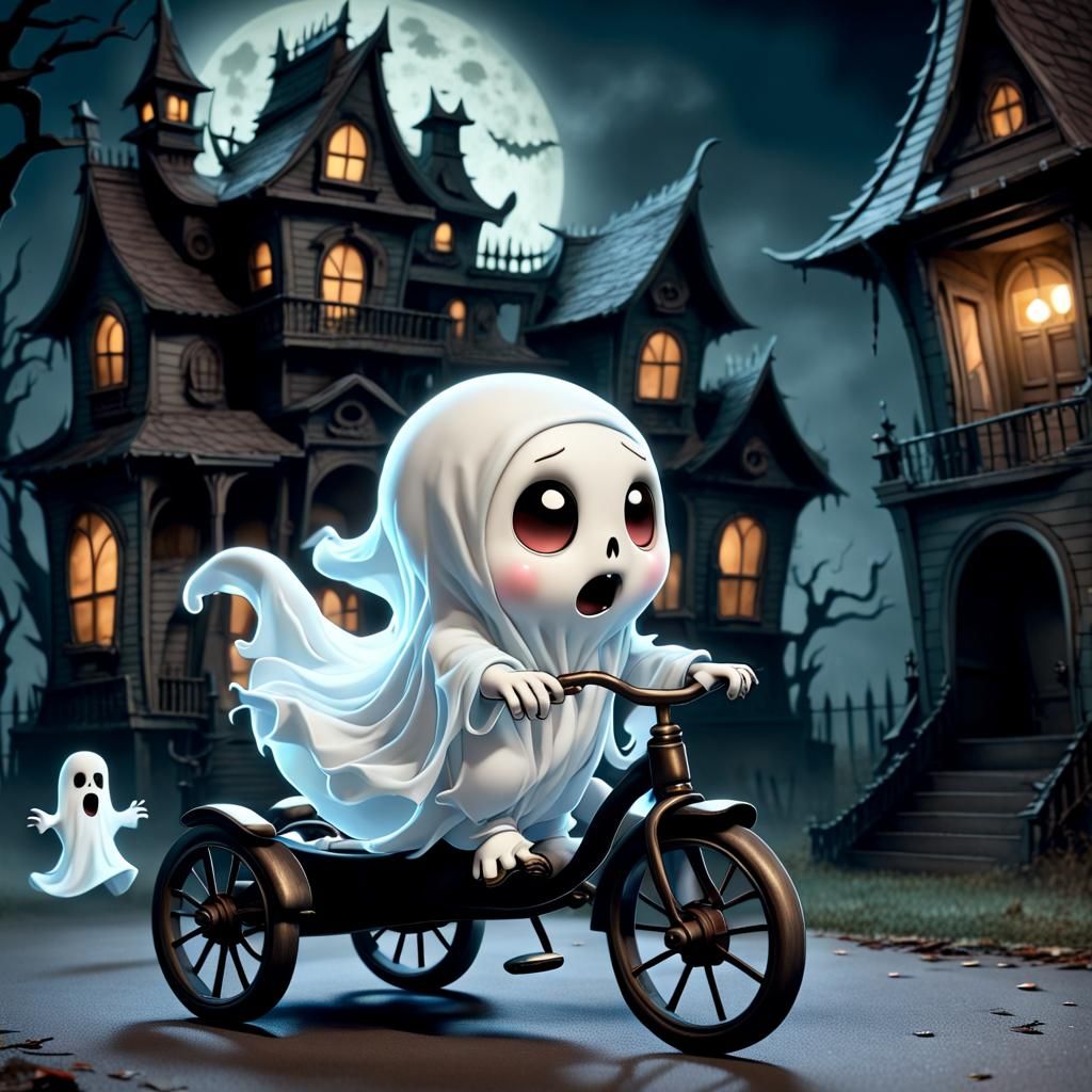 Adorable Chibi Ghost on Tricycle in Haunted House