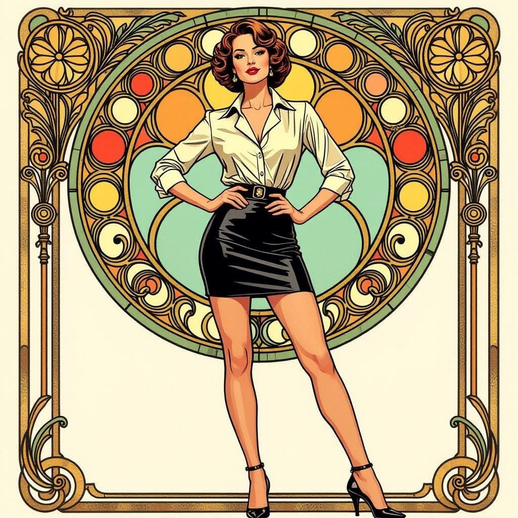Elegant Woman in Mini Skirt, Art Nouveau Style