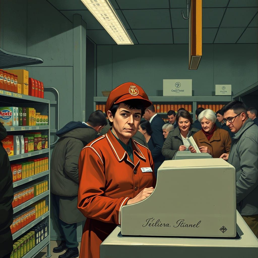 Melancholic Convenience Store Clerk in a Desolate Retail Env...